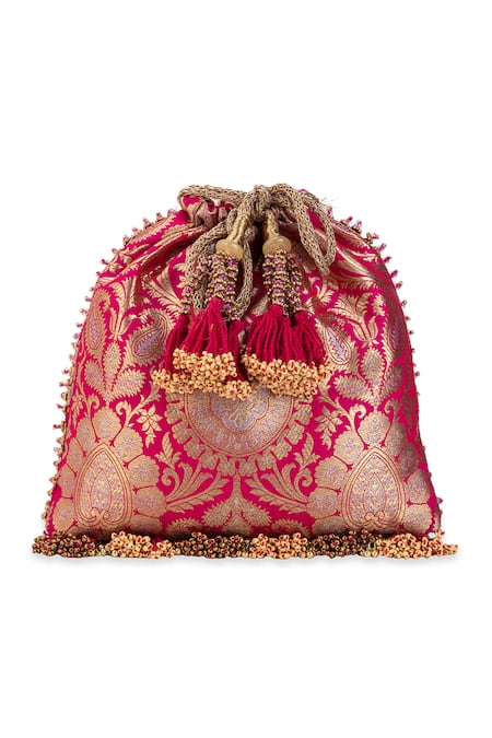 5elements_Pink Beads, Stones, Mirrors, Tassels Sharvitha Embellished Potli Bag _Online_at_Aza_Fashions