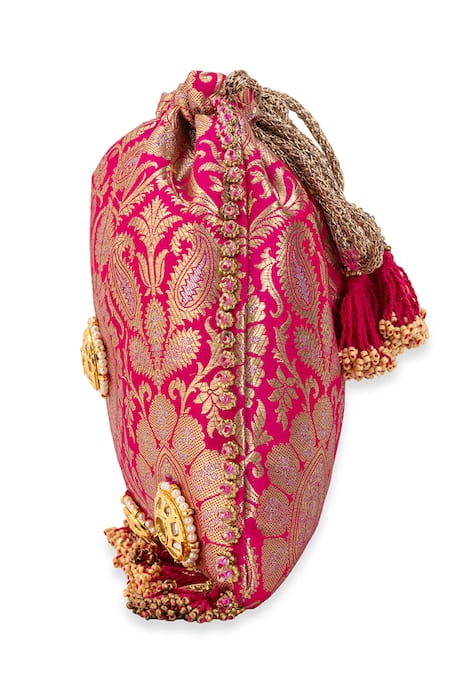 Buy_5elements_Pink Beads, Stones, Mirrors, Tassels Sharvitha Embellished Potli Bag _Online_at_Aza_Fashions