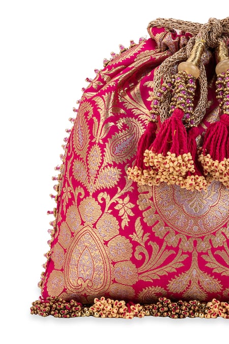 Shop_5elements_Pink Beads, Stones, Mirrors, Tassels Sharvitha Embellished Potli Bag _Online_at_Aza_Fashions