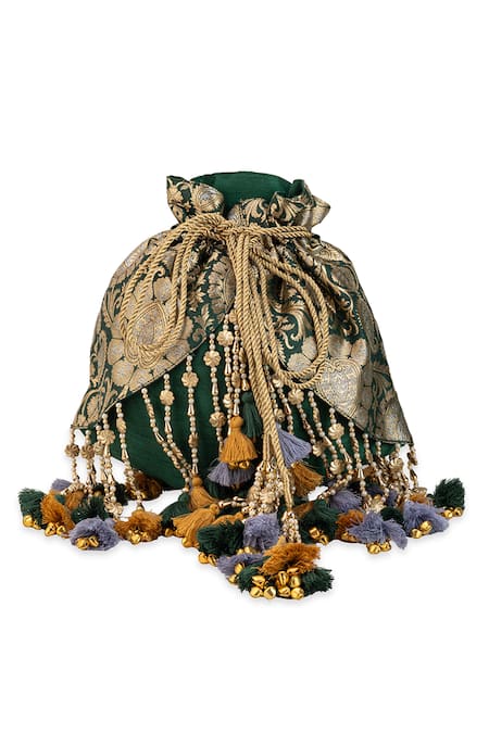 5elements_Green Tassels, Beads, Zari Devyani Brocade Paisley Motif Potli  _Online_at_Aza_Fashions