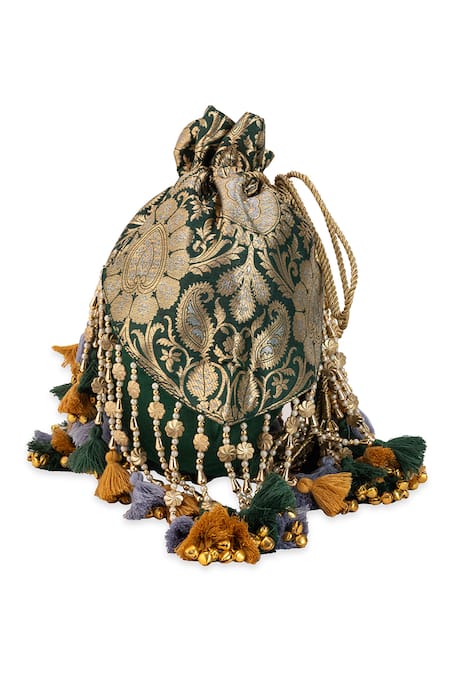Buy_5elements_Green Tassels, Beads, Zari Devyani Brocade Paisley Motif Potli  _Online_at_Aza_Fashions