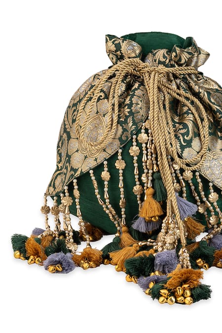 Shop_5elements_Green Tassels, Beads, Zari Devyani Brocade Paisley Motif Potli  _Online_at_Aza_Fashions