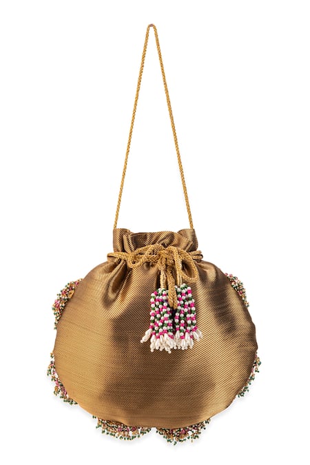 Buy_5elements_Brown Beads, Stones, Tassels Trishika Brocade Potli _Online_at_Aza_Fashions