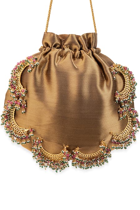 Shop_5elements_Brown Beads, Stones, Tassels Trishika Brocade Potli _Online_at_Aza_Fashions