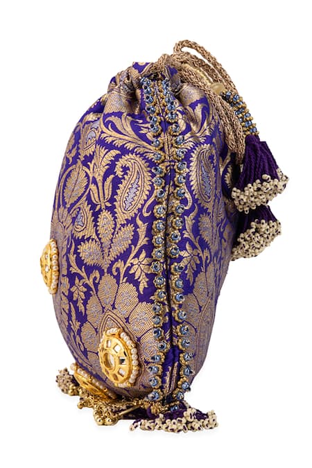 5elements_Purple Beads, Mirrors, Pearls, Tassels Kashmira Brocade Paisley Motif Potli  _Online_at_Aza_Fashions