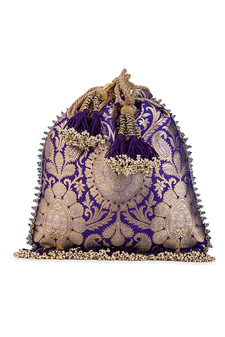 Buy_5elements_Purple Beads, Mirrors, Pearls, Tassels Kashmira Brocade Paisley Motif Potli  _Online_at_Aza_Fashions