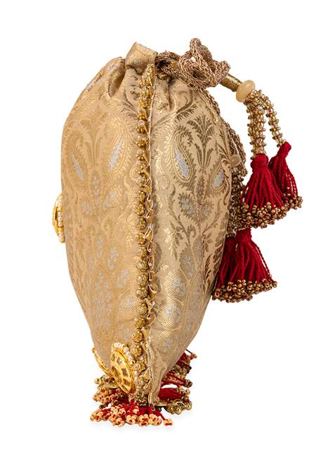 5elements Gold Stones, Pearls, Beads, Tassels Kashmira Brocade Paisley Potli Online at Aza Fashions 5elements_Gold Stones, Pearls, Beads, Tassels Kashmira Brocade Paisley Potli _Online_at_Aza_Fashions