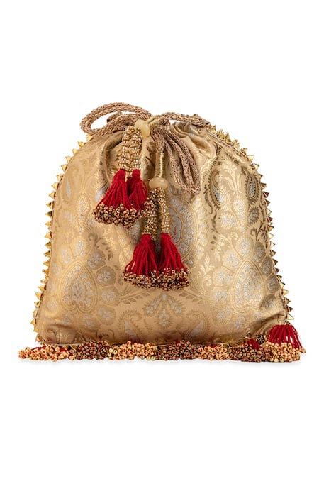 Buy 5elements Gold Stones, Pearls, Beads, Tassels Kashmira Brocade Paisley Potli Online at Aza Fashions Buy_5elements_Gold Stones, Pearls, Beads, Tassels Kashmira Brocade Paisley Potli _Online_at_Aza_Fashions