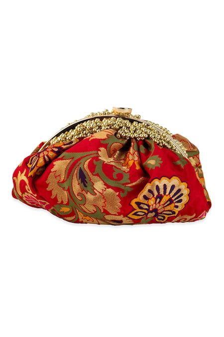 Shop 5elements Red Beads, Embroidery Viami Brocade Floral Motif Potli Online at Aza Fashions Shop_5elements_Red Beads, Embroidery Viami Brocade Floral Motif Potli _Online_at_Aza_Fashions