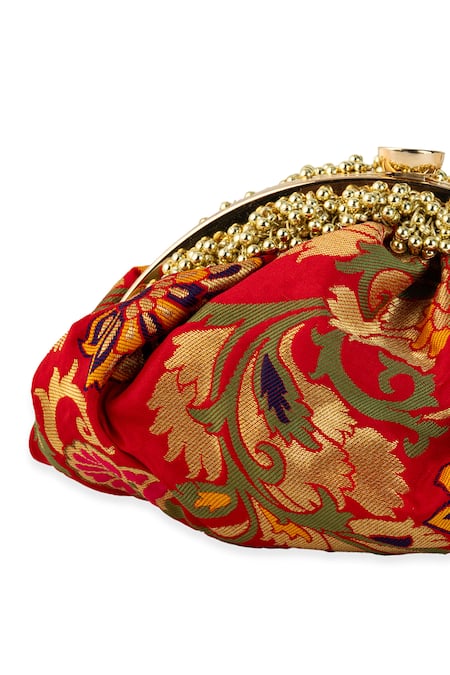 5elements Red Beads, Embroidery Viami Brocade Floral Motif Potli at Aza Fashions 5elements_Red Beads, Embroidery Viami Brocade Floral Motif Potli _at_Aza_Fashions