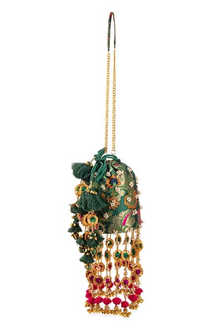 5elements_Green Beads, Sequins, Tassels, Pom-poms Amisha Brocade Floral Motif Potli  _Online_at_Aza_Fashions
