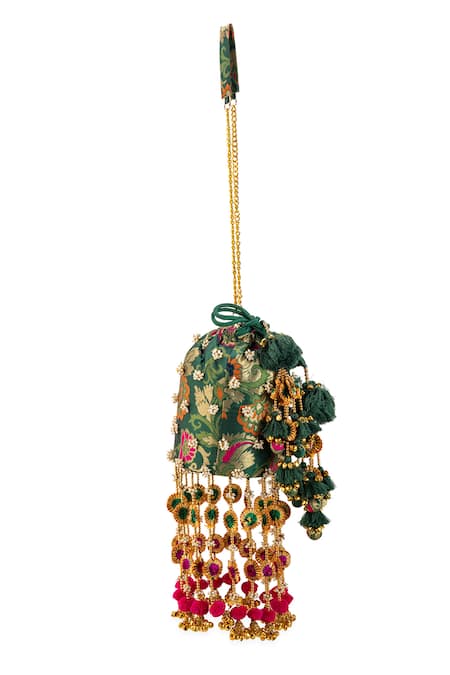 Buy_5elements_Green Beads, Sequins, Tassels, Pom-poms Amisha Brocade Floral Motif Potli  _Online_at_Aza_Fashions