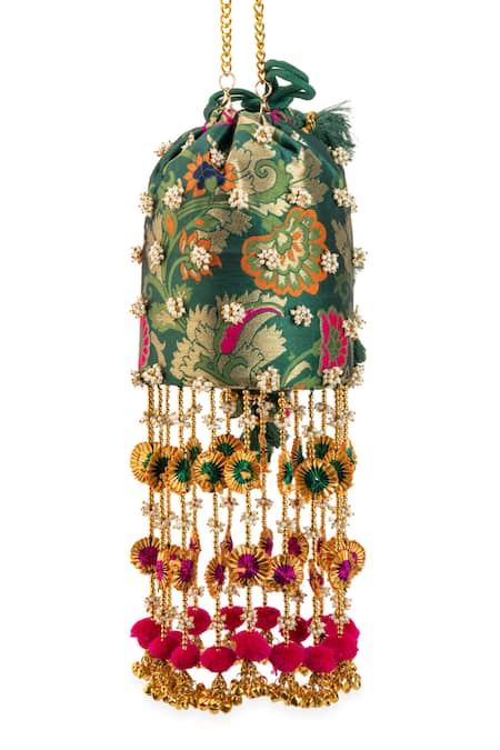 Shop_5elements_Green Beads, Sequins, Tassels, Pom-poms Amisha Brocade Floral Motif Potli  _Online_at_Aza_Fashions