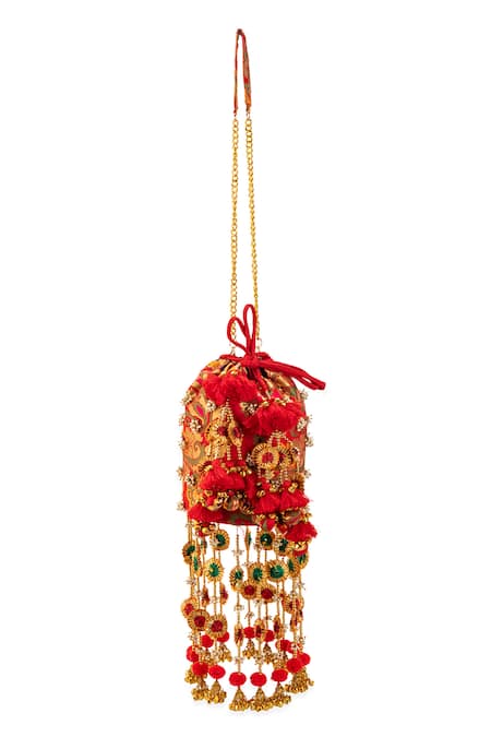 5elements_Red Beads, Sequins, Tassels, Pom-poms Amisha Floral Embroidered Potli _Online_at_Aza_Fashions