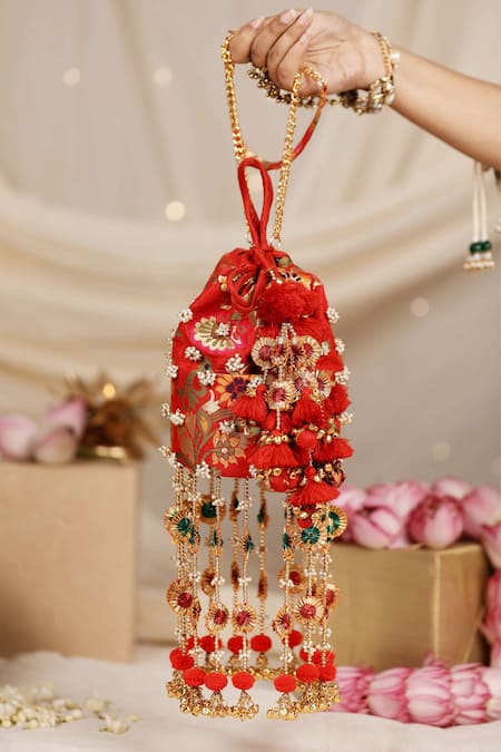 Shop_5elements_Red Beads, Sequins, Tassels, Pom-poms Amisha Floral Embroidered Potli 