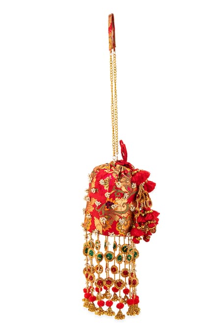 Buy_5elements_Red Beads, Pom-poms, Tassels Amisha Brocade Floral Embroidered Potli Bag _Online_at_Aza_Fashions