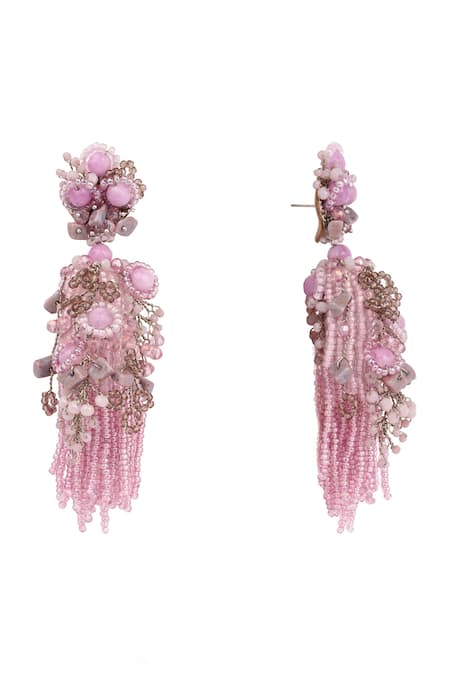 House Of D"Oro_Lilac Beads, Stones Mauve Jhumka Long Earrings _Online_at_Aza_Fashions