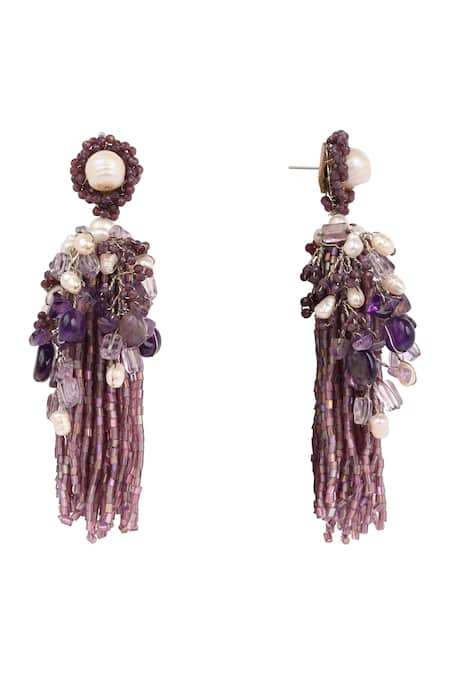 House Of D"Oro_Purple Beads, Pearls And Beaded Long Earrings _Online_at_Aza_Fashions
