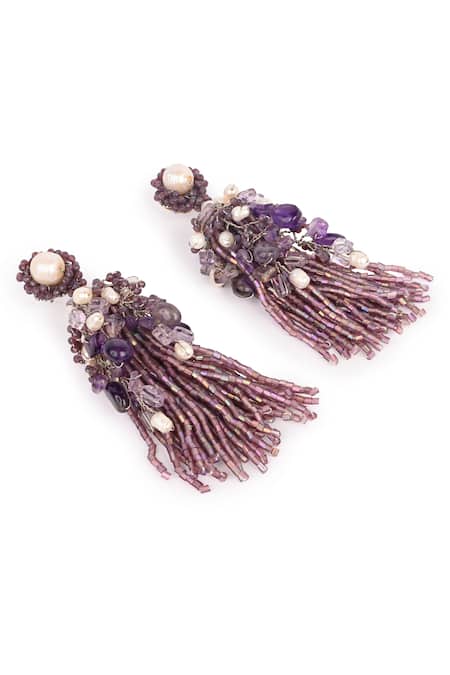 Buy_House Of D"Oro_Purple Beads, Pearls And Beaded Long Earrings _Online_at_Aza_Fashions