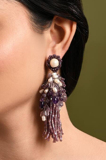 Shop_House Of D"Oro_Purple Beads, Pearls And Beaded Long Earrings _Online_at_Aza_Fashions