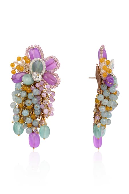 House Of D"Oro_Multi Color Beads, Stones, Crystals Embellished Long Earrings _Online_at_Aza_Fashions