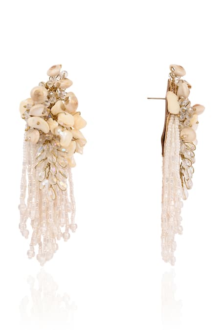 House Of D"Oro White Beads, Crystals, Stones Floral Long Earrings Online at Aza Fashions House Of D"Oro_White Beads, Crystals, Stones Floral Long Earrings _Online_at_Aza_Fashions