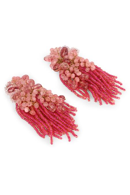 House Of D"Oro_Pink Beads, Stones Crystal Long Earrings _Online_at_Aza_Fashions