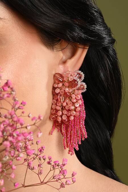 Shop_House Of D"Oro_Pink Beads, Stones Crystal Long Earrings _Online_at_Aza_Fashions
