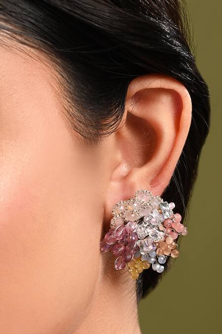 House Of D"Oro_Multi Color Beads, Crystals Colourful Button Earrings _at_Aza_Fashions