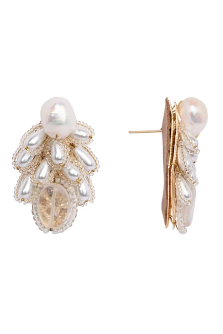 House Of D"Oro_White Pearls, Beads Drop Earrings _Online_at_Aza_Fashions