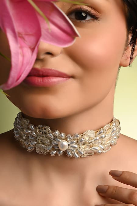 Buy_House Of D"Oro_White Pearl And Stone Butterfly Choker _Online_at_Aza_Fashions