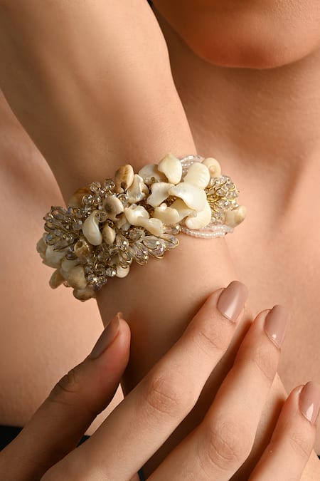 Buy House Of D"Oro White Beads, Crystals Floral Long Bracelet Online at Aza Fashions Buy_House Of D"Oro_White Beads, Crystals Floral Long Bracelet _Online_at_Aza_Fashions