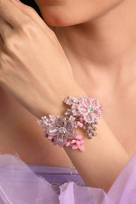 Buy_House Of D"Oro_Lilac Beads, Crystals, Stones Floral Embellished Bracelet _Online_at_Aza_Fashions