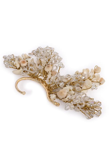 House Of D"Oro_White Crystals, Beads Ivory Shell Earcuff _Online_at_Aza_Fashions