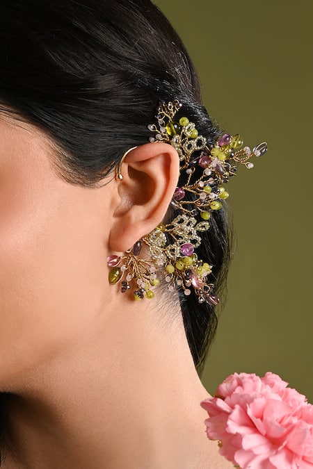 Buy_House Of D"Oro_Green Beads, Stones, Crystals And Handmade Earcuff _Online_at_Aza_Fashions