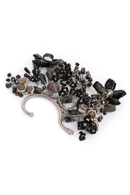 House Of D"Oro_Black Beads, Stones And Grey Embellished Earcuff _Online_at_Aza_Fashions