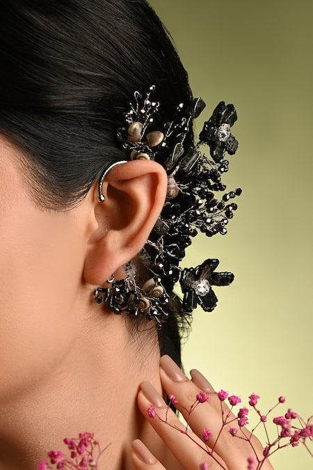 Buy_House Of D"Oro_Black Beads, Stones And Grey Embellished Earcuff _Online_at_Aza_Fashions