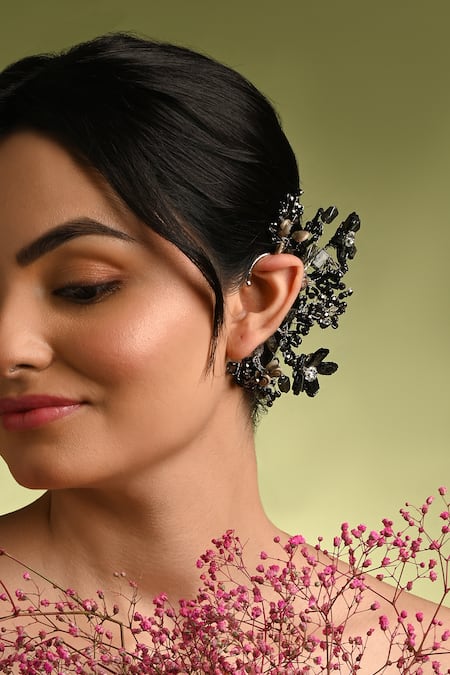 House Of D"Oro Black & Grey Stone Embellished Earcuff