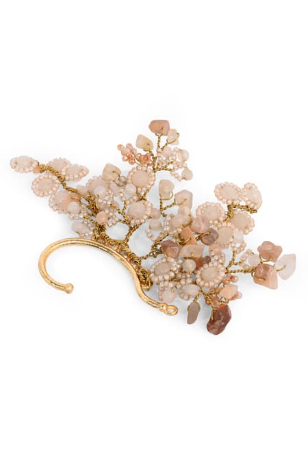 House Of D"Oro_Peach Stones, Beads, Pearls Beige And Gold Floral Embellished Earcuff _Online_at_Aza_Fashions