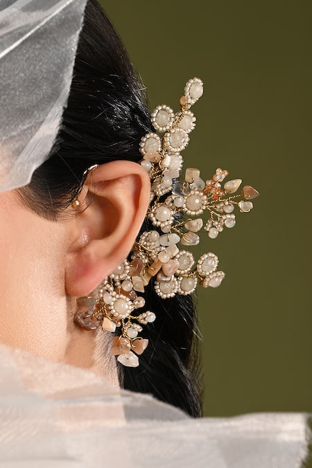 Buy_House Of D"Oro_Peach Stones, Beads, Pearls Beige And Gold Floral Embellished Earcuff _Online_at_Aza_Fashions