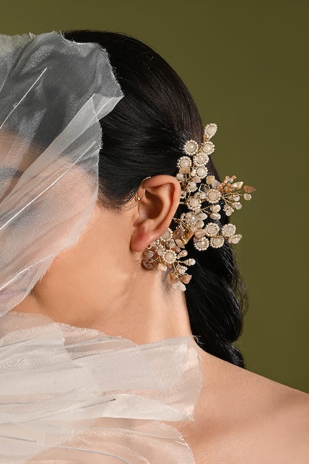 House Of D"Oro Beige & Gold Floral Embellished Earcuff