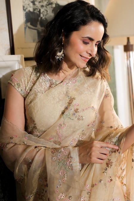 Shop Summer By Priyanka Gupta Beige Organza, Embroidery, Sequins, Round Tissue Saree With Blouse Online at Aza Fashions Shop_Summer By Priyanka Gupta_Beige Organza, Embroidery, Sequins, Round Tissue Saree With Blouse _Online_at_Aza_Fashions