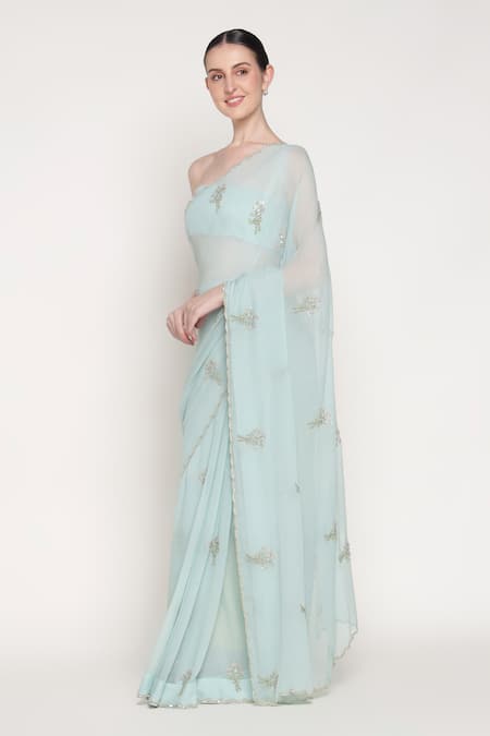 Buy_Summer By Priyanka Gupta_Blue Chiffon Embroidery, Beads Bandeau Neck Girl Bow Saree With Blouse _Online_at_Aza_Fashions