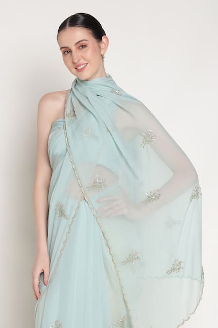 Summer By Priyanka Gupta_Blue Chiffon Embroidery, Beads Bandeau Neck Girl Bow Saree With Blouse _at_Aza_Fashions