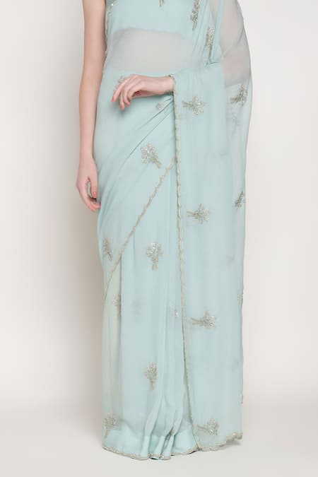 Buy_Summer By Priyanka Gupta_Blue Chiffon Embroidery, Beads Bandeau Neck Girl Bow Saree With Blouse 