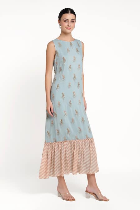 Summer By Priyanka Gupta_Blue Chanderi Sequins, Embroidery Round Neck Bow Print And Dress _Online_at_Aza_Fashions