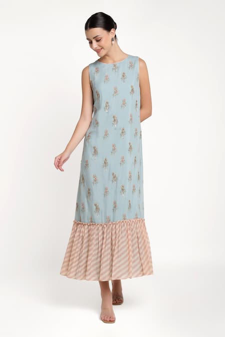 Shop_Summer By Priyanka Gupta_Blue Chanderi Sequins, Embroidery Round Neck Bow Print And Dress _Online_at_Aza_Fashions