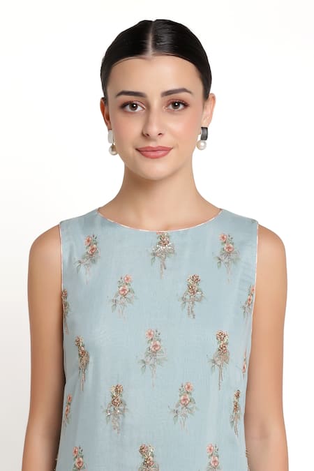 Summer By Priyanka Gupta_Blue Chanderi Sequins, Embroidery Round Neck Bow Print And Dress _at_Aza_Fashions