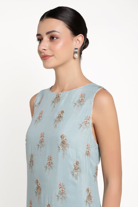Buy_Summer By Priyanka Gupta_Blue Chanderi Sequins, Embroidery Round Neck Bow Print And Dress 