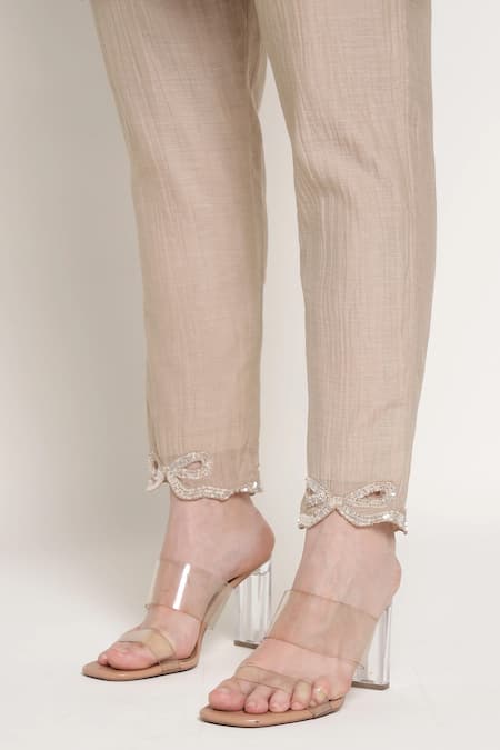 Shop_Summer By Priyanka Gupta_Beige Chanderi Embroidery, Sequins V-neck Bell Bow Kurta And Pant Co-ord Set _Online_at_Aza_Fashions